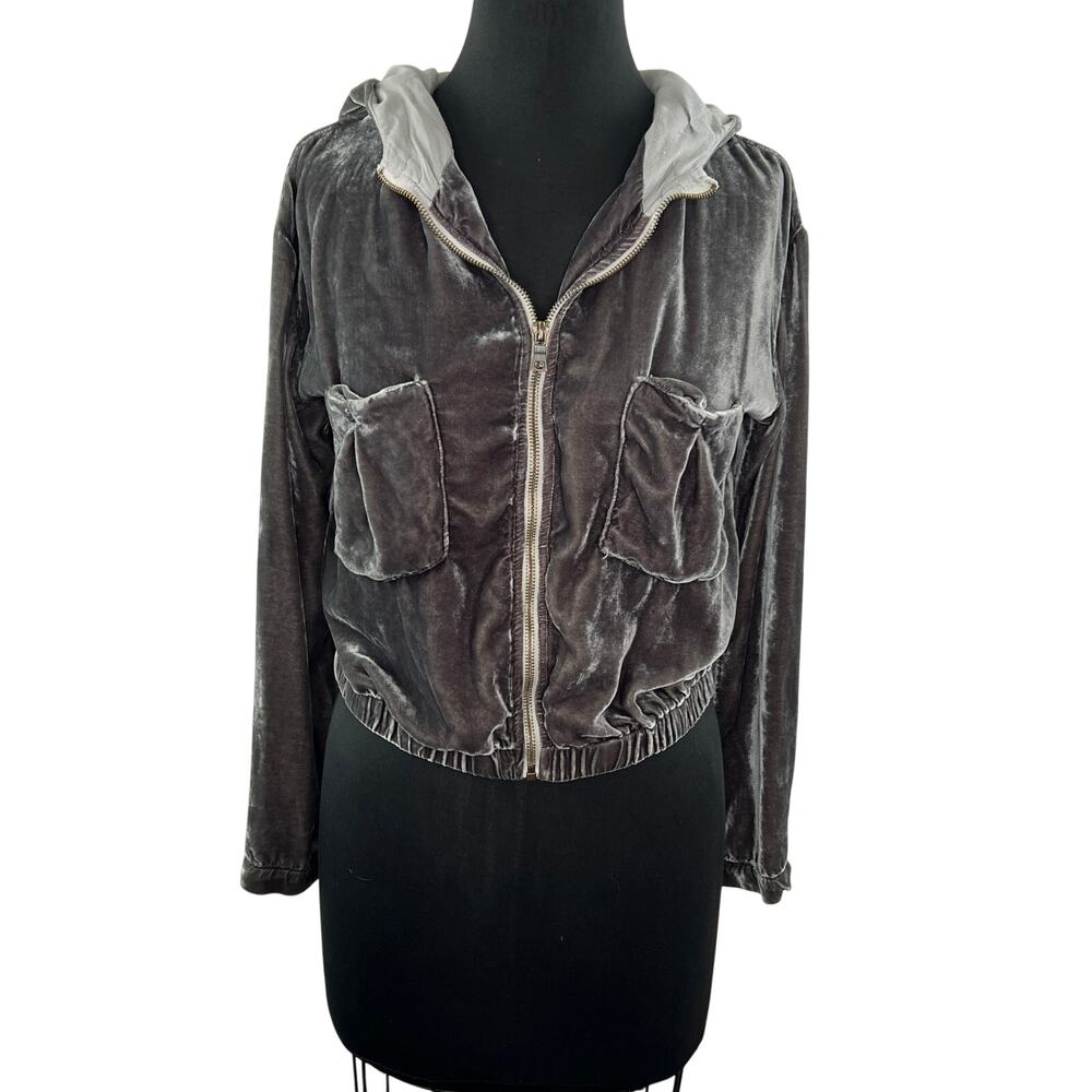 YFB Young Fabulous Broke Velour Gray XS Crop Hoodie Elastic Zip Long Sleeves